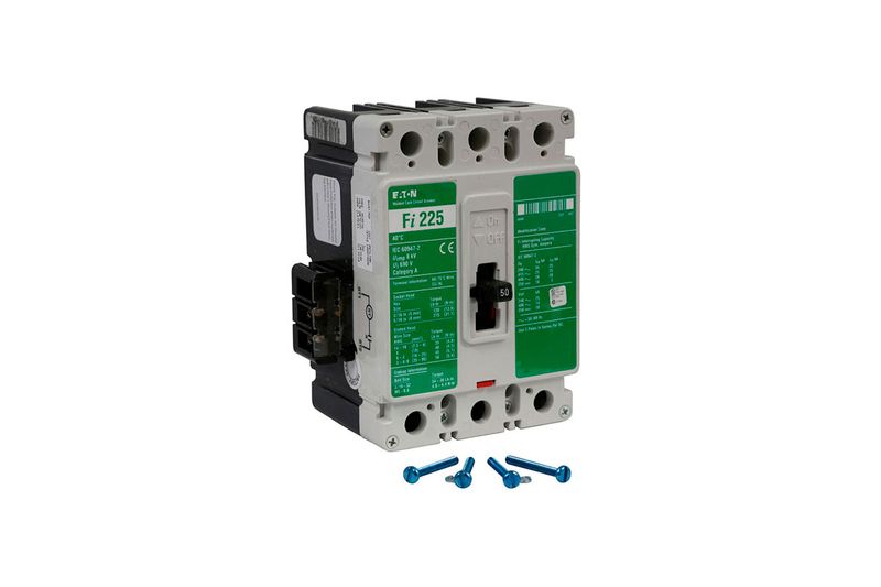 Main breaker 3P FI CH 480V 125Amp-Loc Eaton, vista frontal del interruptor con cuatro tornillos azules al frente