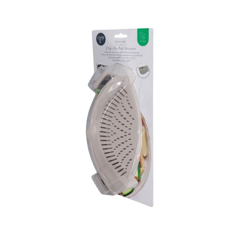 Colador de silicona con clips Core Home, producto en su empaque transparente con tarjeta de cartón blanca