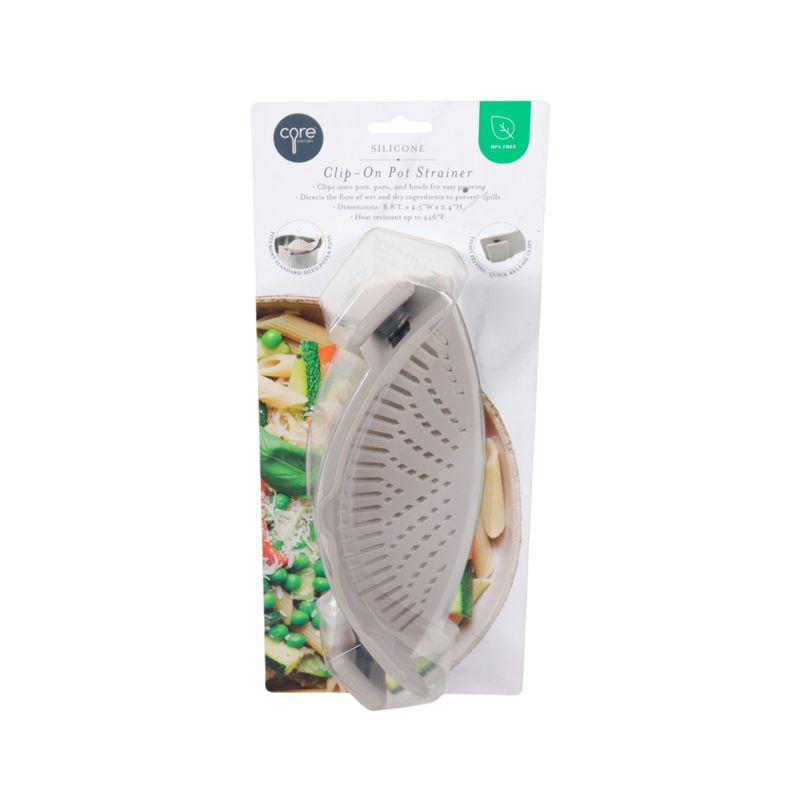 Colador de silicona con clips Core Kitchen, producto en su empaque transparente con tarjeta informativa blanca