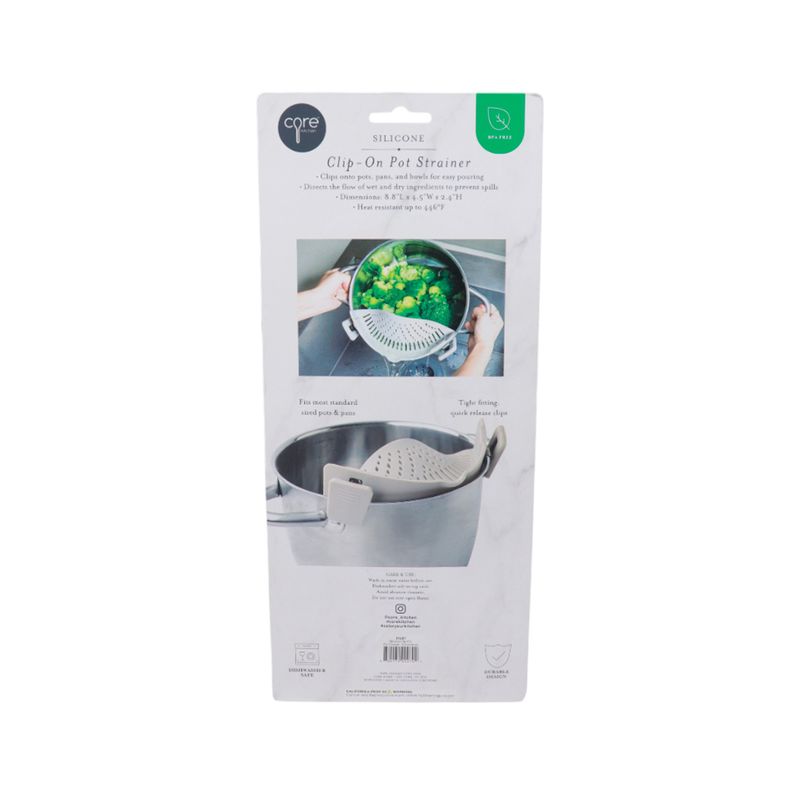 Colador de silicona con clips Core Home, empaque blanco con ilustraciones del producto en uso y especificaciones