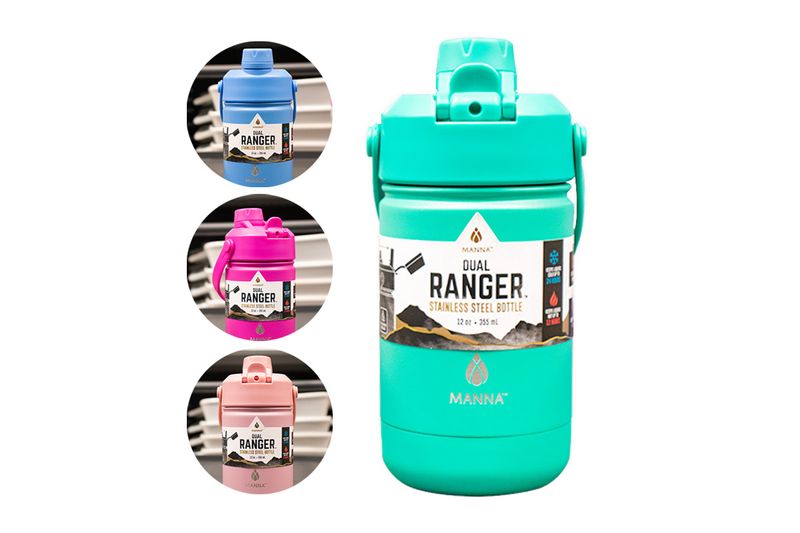 Botella insulada 12 onzas Ranger Dual surt Manna Core Home, modelo turquesa con círculos que muestran colores azul y rosa