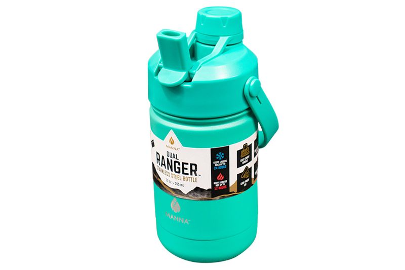 Botella insulada 12 onzas Ranger Dual Core Kitchen, color turquesa con etiqueta informativa blanca y negra