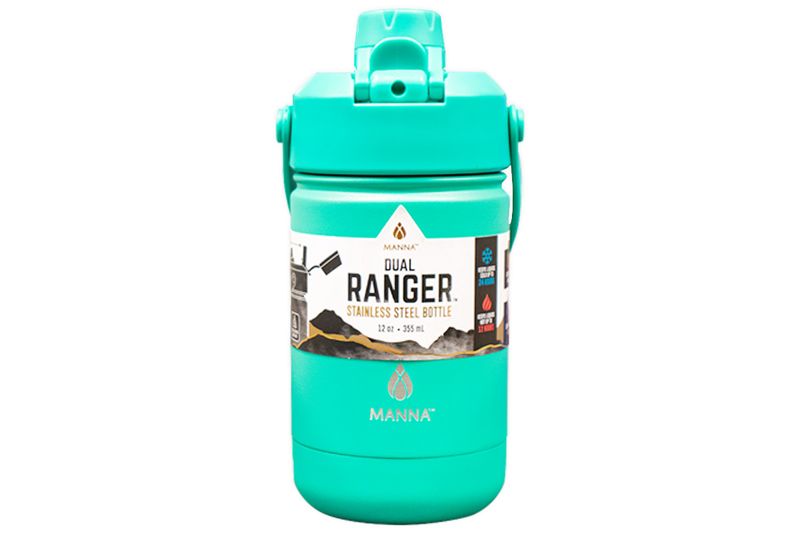 Botella insulada 12 oz Ranger Dual surt Manna Core Home, color turquesa con etiqueta blanca y tapa con asa