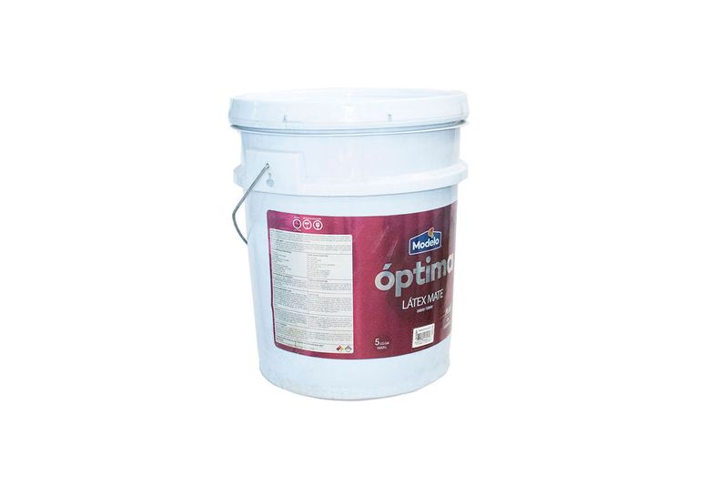 Pintura óptima látex mate verde menta cubeta Modelo, vista posterior de la cubeta con instrucciones y etiquetas