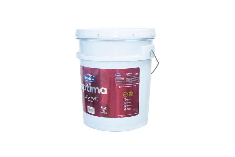 Pintura óptima látex mate verde menta cubeta Modelo, vista frontal de la cubeta blanca con etiqueta roja y blanca
