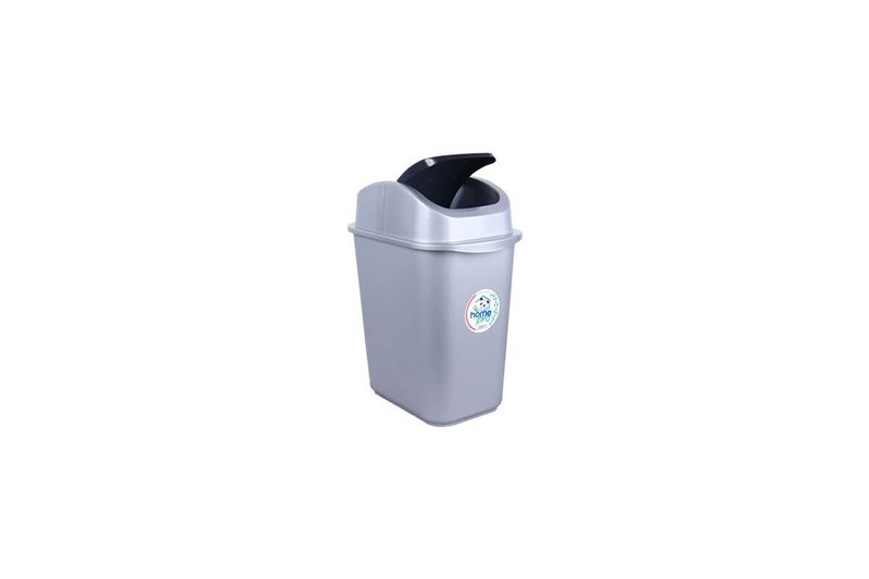 Basurero con tapa vaivén 12.5 litros gris/blanco Uchosa, vista frontal con tapa negra abierta y etiqueta circular blanca