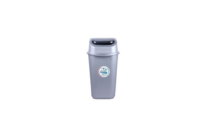 Basurero con tapa vaivén 12.5 litros gris/blanco Uchosa, vista frontal del cuerpo gris con calcomanía circular blanca
