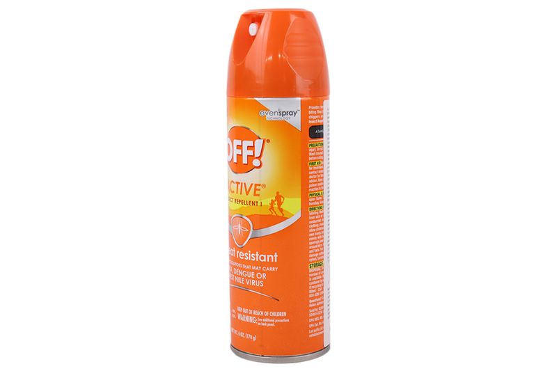Repelente de insectos active en aerosol 6 onzas Off!, vista lateral del envase naranja con instrucciones de uso
