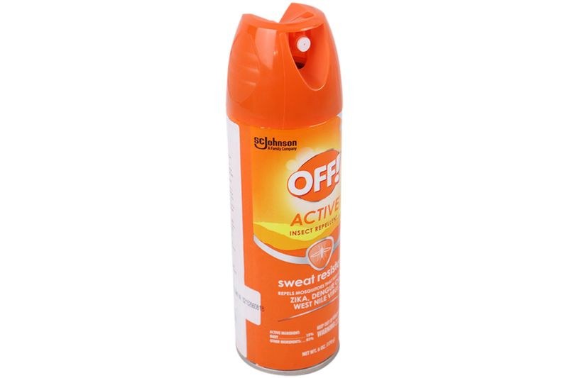 Repelente de insectos Active en aerosol 6 onzas OFF!, envase cilíndrico naranja y blanco con tapa protectora
