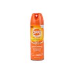 Repelente de insectos Active en aerosol 6 onzas OFF!, envase cilíndrico naranja con etiqueta blanca y naranja