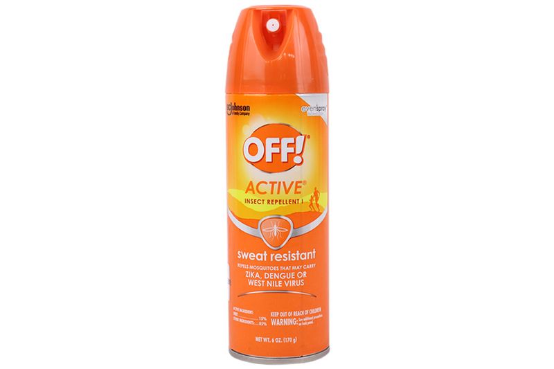Repelente de insectos Active en aerosol 6 onzas OFF!, envase cilíndrico naranja con etiqueta blanca y naranja