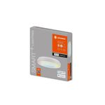 Plafón LED Smart WiFi 32 W RGBW 2650 lm blanco Ledvance, empaque de cartón con ilustración del equipo y logos de Alexa