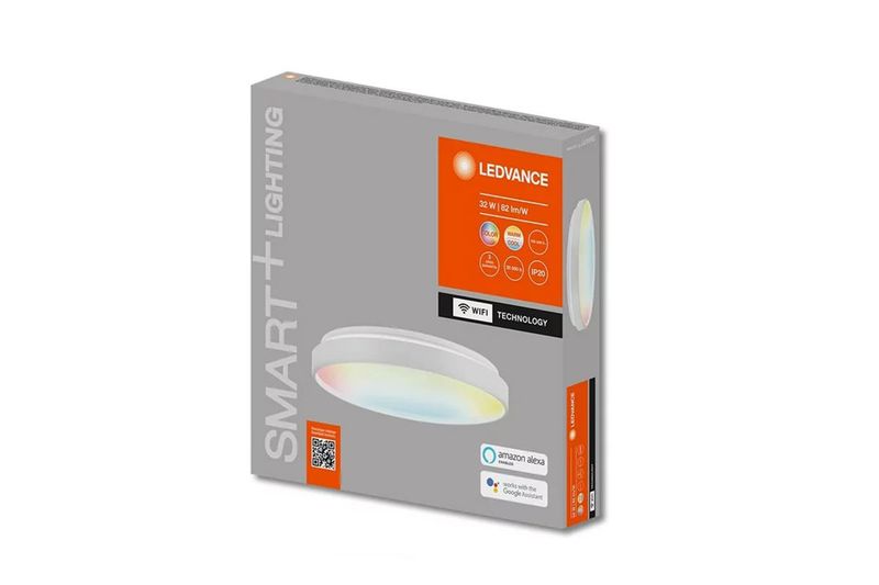 Plafón LED Smart WiFi 32 W RGBW 2650 lm blanco Ledvance, empaque de cartón con ilustración del equipo y logos de Alexa
