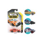 Carros de colección Metal Machines Zuru, empaque con vehículo rojo y círculos laterales con modelos amarillo, azul y azul