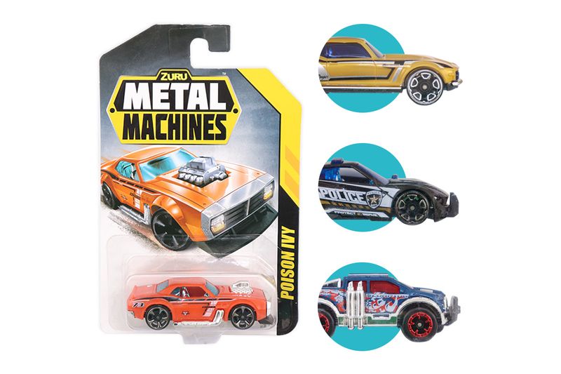 Carros de colección Metal Machines Zuru, empaque con vehículo rojo y círculos laterales con modelos amarillo, azul y azul