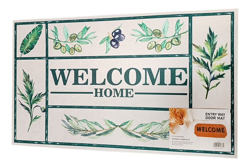 Alfombra entrada 45x75 cm Sinsa, vista frontal con diseño botánico verde y texto Welcome Home en empaque plástico