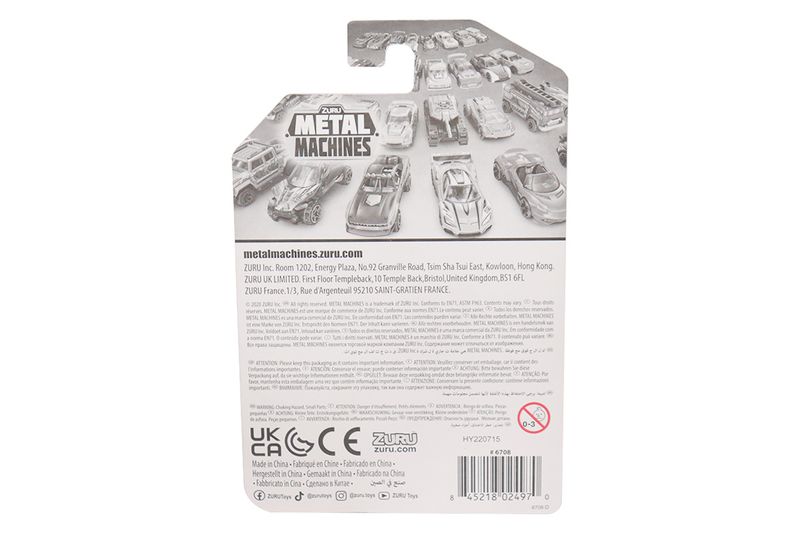 Carros de colección Metal Machines Zuru, parte trasera del empaque con información legal, códigos y advertencias