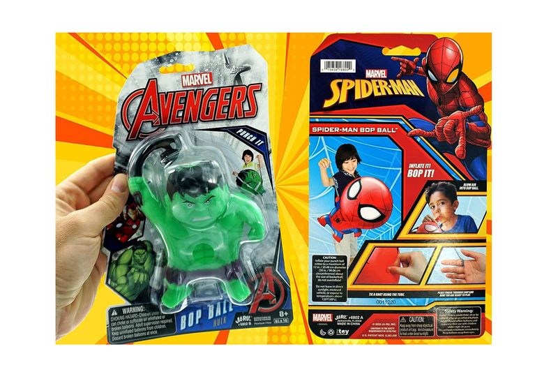 Ball stress surtido Marvel Avengers Jarv, empaque con figura de Hulk verde y gráfico de Spider-Man