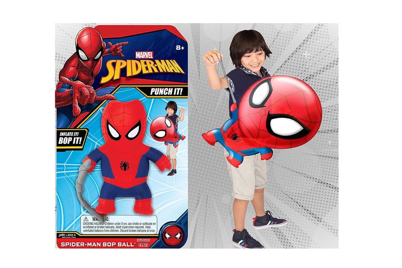 Ball stress surtido Marvel Avengers Jarv, empaque con ilustración y niño jugando con el muñeco inflable de Spider-Man