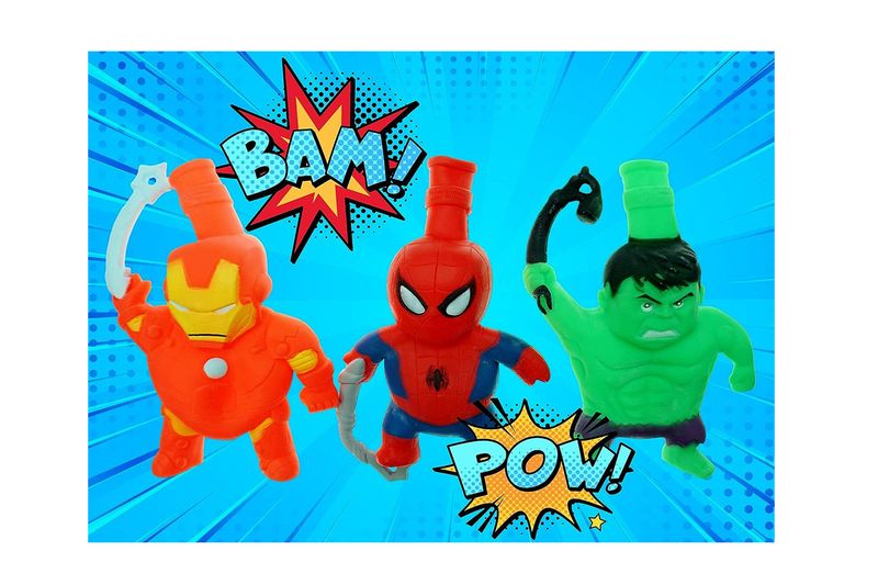 Ball stress Marvel Avengers surtido Jarv, figuras de Iron Man, Spider-Man y Hulk con onomatopeyas sobre fondo azul