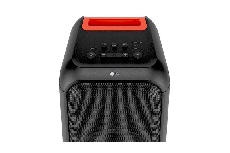 Parlante Bluetooth portátil Xboom 200 W XL5S LG, primer plano del panel de control superior con botones y asa roja