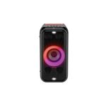 Parlante Bluetooth portátil Xboom 200 W XL5S LG, vista frontal del equipo negro con aro de luces LED encendido