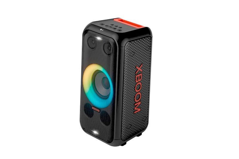 Parlante Bluetooth portátil Xboom 200 W XL5S LG, vista lateral con logo Xboom en rojo y rejilla texturizada
