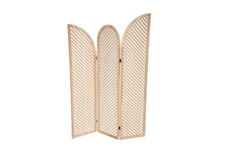 Panel decorativo tipo biombo Mind Nat crema Atmosphera, vista frontal de tres hojas plegables con listones diagonales