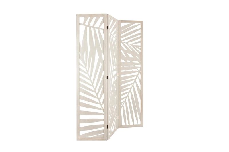 Panel decorativo tipo biombo Akira blanca Atmosphera, vista en ángulo que muestra el despliegue de sus tres paneles