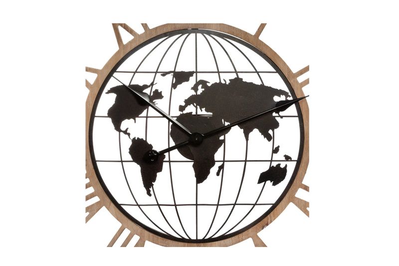 Reloj decorativo de pared mundo 67 cm metal Atmosphera, vista frontal con mapa del mundo negro y marco de madera