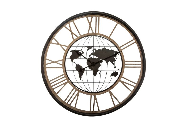 Reloj decorativo de pared mundo 67 cm metal Atmosphera, frente con mapa mundial negro y números romanos en madera