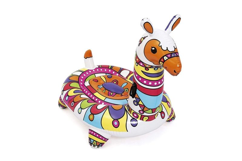 Flotador jumbo llama 1.93 m x 1.51 m Bestway, inflable blanco con patrones multicolores y diseño de llama