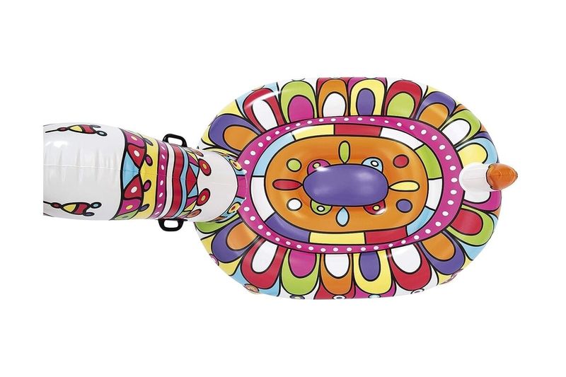 Flotador jumbo llama 1.93 m x 1.51 m Bestway, vista superior del diseño colorido con patrones geométricos