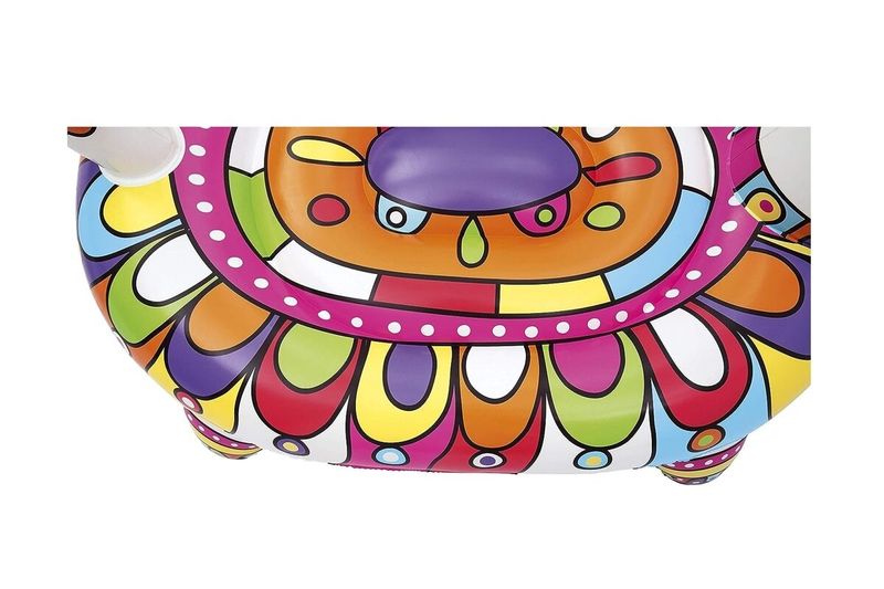 Flotador jumbo llama 1.93 m x 1.51 m Bestway, acercamiento al diseño colorido y estampado del cuerpo del inflable