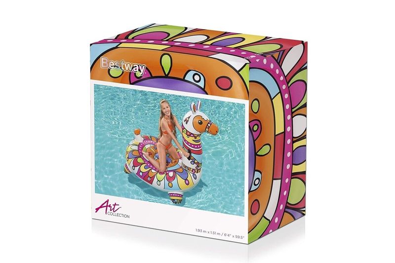 Flotador jumbo llama 1.93 m x 1.51 m Bestway, caja de empaque con fotografía de mujer usando el inflable en una piscina