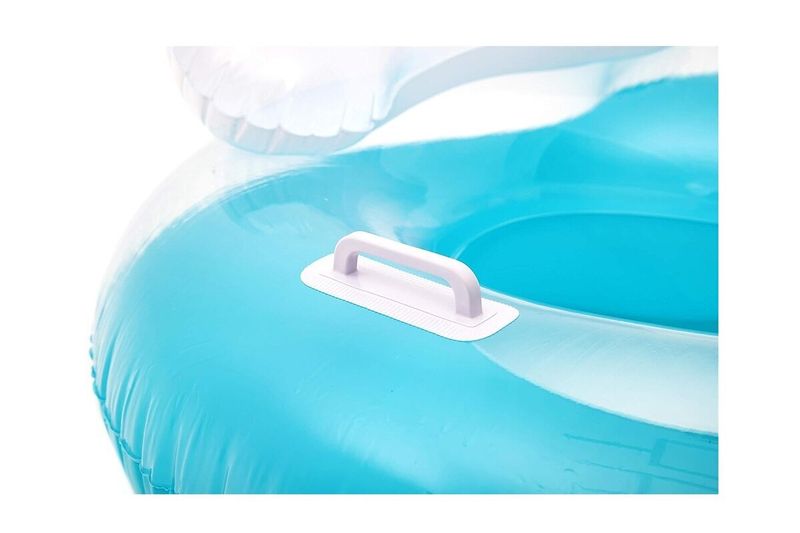 Flotador doble anillo 1.88 m x 1.17 m Bestway, primer plano del asa de agarre blanca sobre el material azul
