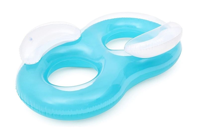 Flotador doble anillo 1.88 m x 1.17 m Bestway, inflable de color azul celeste con apoyacabezas blancos