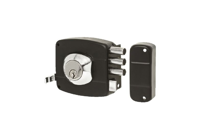 Cerradura parche triple metal cilindro suelto izquierda negro Fanal, vista frontal con cilindro cromado y tapa lateral