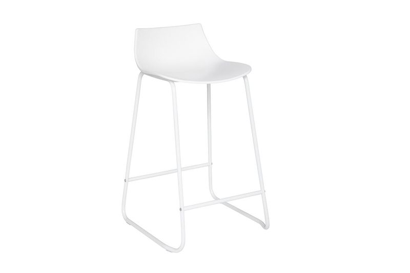 Silla Otac metálica para bar blanco Atmosphera, vista en ángulo del asiento y estructura tubular blanca