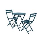 Set mueble Greensboro folding redondo azul 3 pza Hespéride, vista en ángulo de la mesa con las dos sillas desplegadas