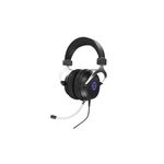 Audífonos gaming sonido surround 3.5 micrófono profesional Primus, vista frontal en color negro con logo púrpura