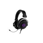 Audífonos gaming sonido surround 3.5 micrófono Primus, vista diagonal en color negro con logo morado y micrófono flexible