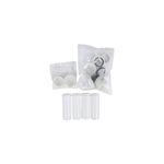 Kit canasta y trampa 2 tinas cuarzo Sinsa, accesorios y empaques blancos organizados en bolsas plásticas transparentes