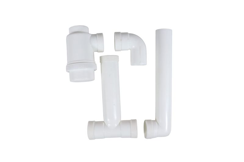 Kit canasta y trampa 2 tinas cuarzo Sinsa, piezas de PVC blanco desmontadas sobre fondo blanco
