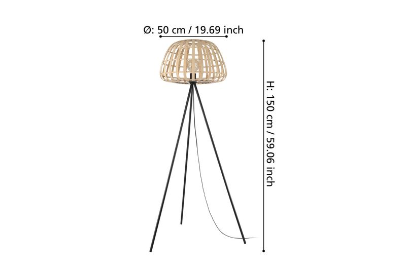 Luminaria de piso Montezuelo 1 luz E27 Eglo, gráfico con medidas de 50 cm de diámetro y 150 cm de altura