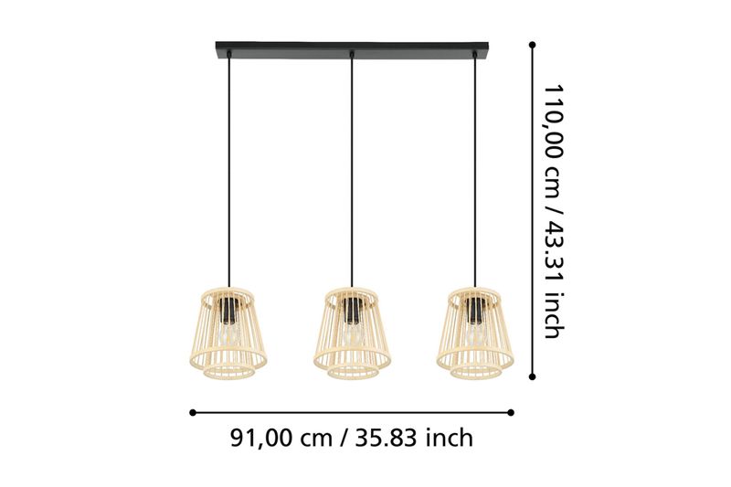 Luminaria colgante Hykeham 3L E27 Eglo, gráfico con medidas de 91,00 cm de ancho y 110,00 cm de alto