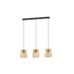 Luminaria colgante Hykeham 3L E27 Eglo, tres lámparas con pantallas de madera clara y base rectangular negra