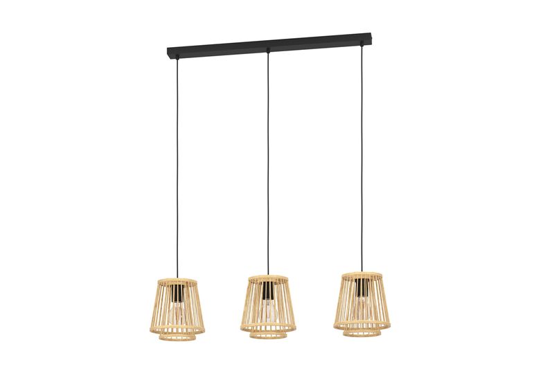 Luminaria colgante Hykeham 3L E27 Eglo, tres lámparas con pantallas de madera clara y base rectangular negra