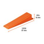 Cuna plástica para nivelador de azulejo Truper de 100 unidades y 2 mm, pieza naranja con medidas de largo y alto