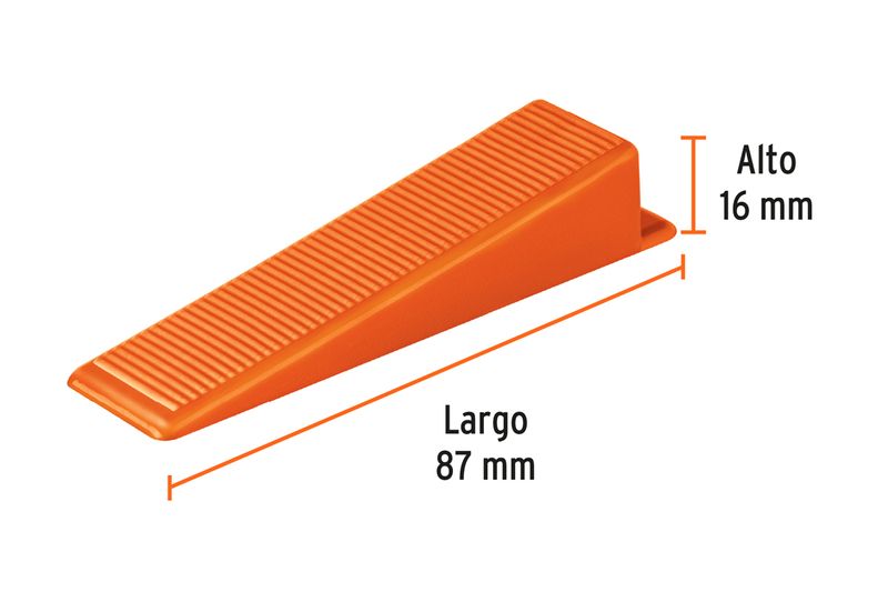 Cuna plástica para nivelador de azulejo Truper de 100 unidades y 2 mm, pieza naranja con medidas de largo y alto
